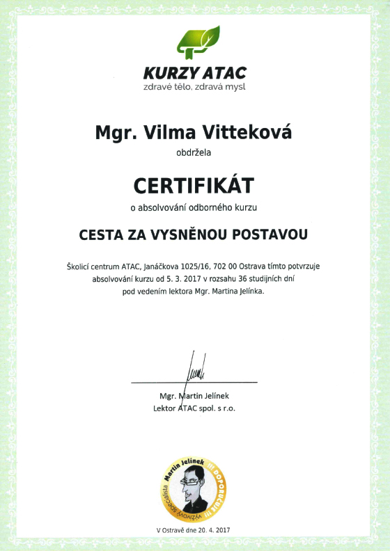 Vilma Vittek - certifikát cesta za vysnenou postavou